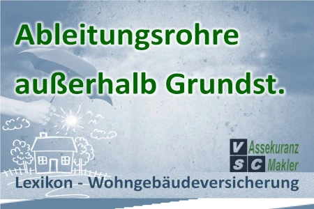 Ableitungsrohre außerhalb eines Grundstücks mit Markierung zur Mitversicherung durch Wohngebäudeversicherung Wohngebäude und unterirdisch verlaufende Ableitungsrohre außerhalb des Grundstücks, Hinweis auf Versicherungsschutz